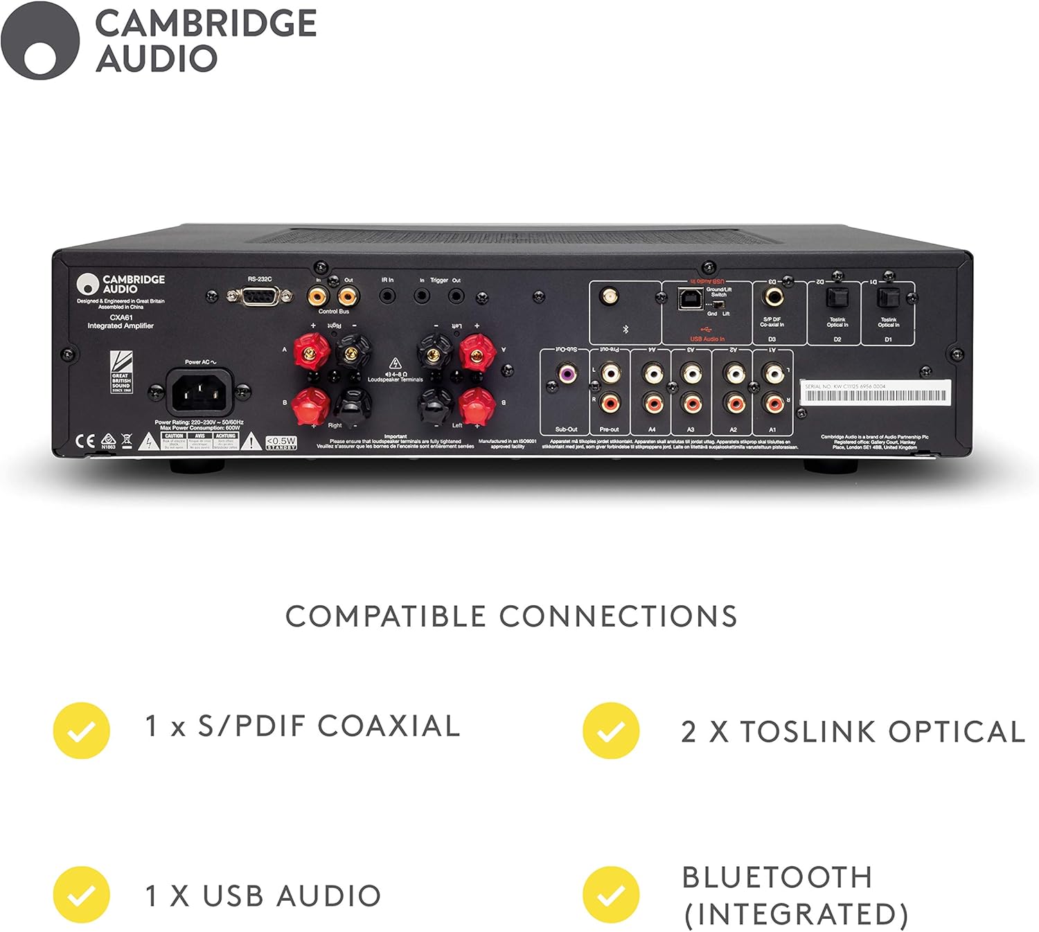 Cambridge Audio CXA81 Stereo Two-Channel Amplifier with Bluetooth and Built-in DAC - 80 Watts Per Channel (Lunar Grey)