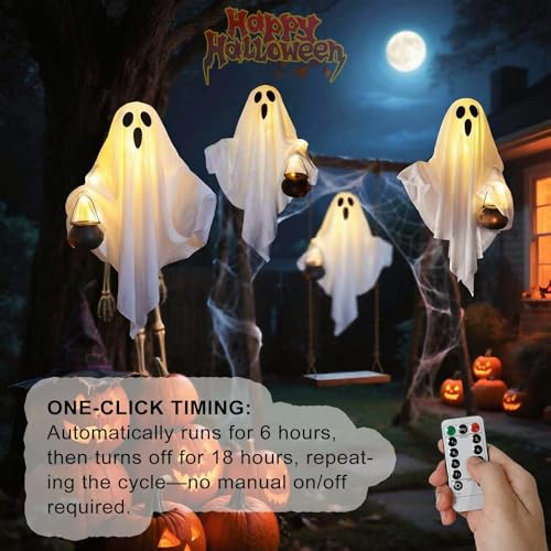 [Timer] 2 Pack Halloween Light Up Ghost Decorations, Battery Operated Flying Hanging Ghosts Glowing Led Lights Remote Control 8 Lighting Modes Floating Swinging Yard Garden Porch Outdoor Indoor Decor