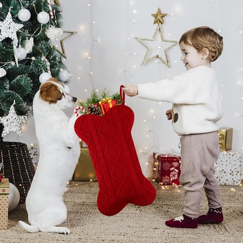 Dog Christmas Stocking, 18 Inch Large Double Side Knitted Christmas Stocking for Dogs, Bone Shaped Hanging Dog Stocking for Dogs Pets (White)