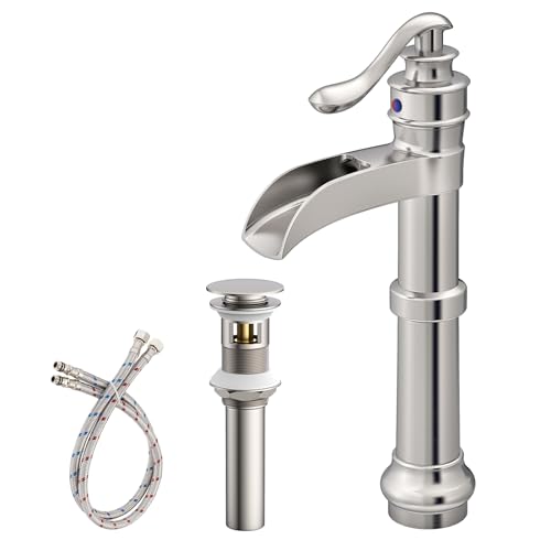 Vessel Sink Faucet, Oil Rubbed Bronze Black Bathroom Faucet, Farmhouse Waterfall Sink Faucet Single Hole with Pop Up Drain Assembly Without Overflow One Hole Mixer Tap Deck Mount