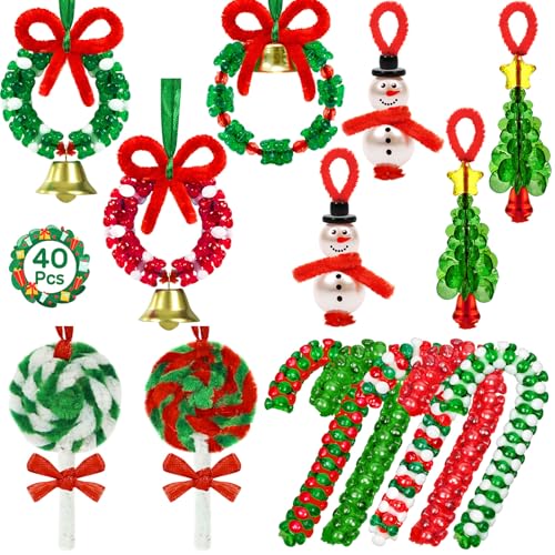 40 Sets Christmas Crafts for Kids Adults, DIY Christmas Beads Ornament Kit to Make Classic Wreath/Snowman/Candy Cane/Tree Beading Hanging Decor for Xmas Tree Party Supplies Holiday Decorations