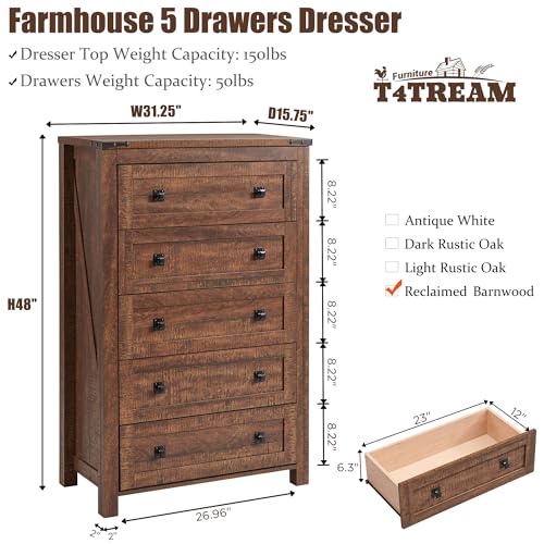 T4TREAM Farmhouse 5 Drawers Dresser Chests for Bedroom, Wood Rustic Tall Chset of Drawers,Dressers Organizer for Bedroom, Living Room,Hallway, Antique Brush White