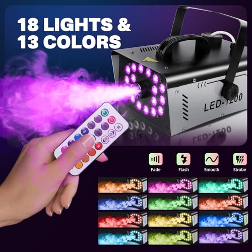 1200W Fog Machine Outdoor Indoor, 18 Lights Halloween Smoke Machine Fog with 6000 CFM, 13 Colors & Remote Controls for Party Stage Effect