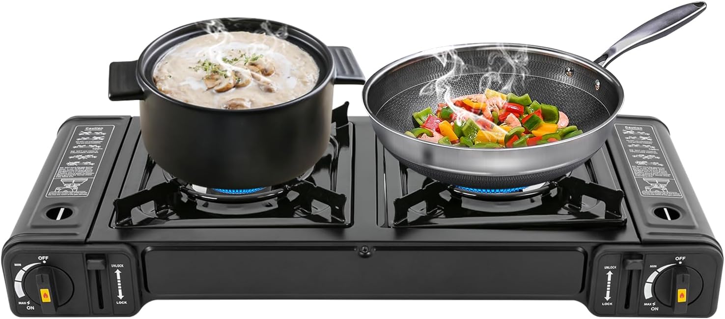 Butane & Propane Camping Stove, 2-Burner Portable Gas Stove, Auto Ignition Camping Burner LPG for RV, Apartments, Outdoor