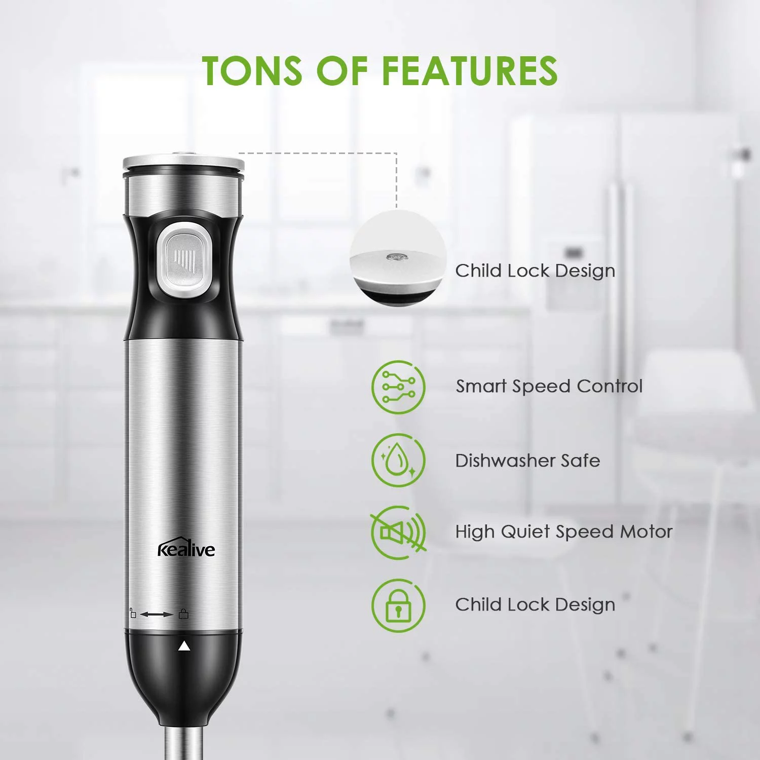 Imersion12-Speed Hand Blender with 20oz Tritan Portable Bottle (BPA Free), One Button Operation  4 Blade System, Brushed Stainless Steel, 300W