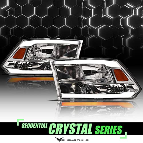 Alpha Owls 8710401 Crystal Headlights With Switchback Sequential LED Light Bar & Startup Light - Black Amber Fits 2009-2018 Dodge Ram 1500 2500 3500/2019-2023 Classic Halogen Models