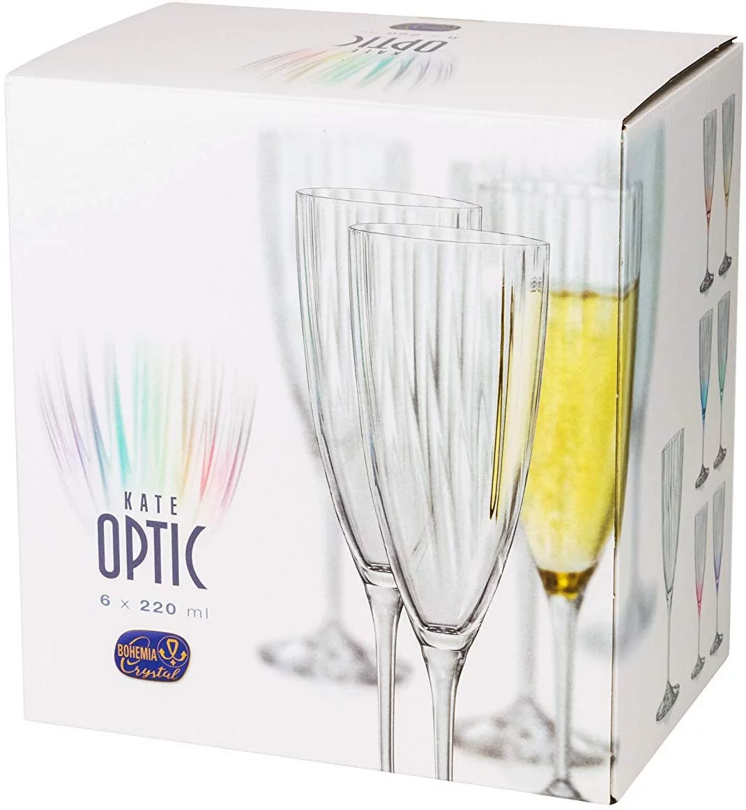Crystalex 40796/220/D4882, 7 Oz Kate Optic Multi-Colored Flutes, Bohemian Champagne Glasses, Set of 6