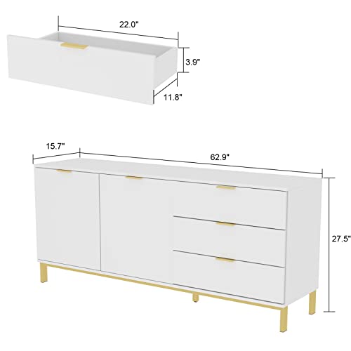 MOUMON Sideboard Storage Cabinet with Drawers and Doors, Credenza Sideboard Buffet, Gold Metal Frame Legs, for Kitchen Hallway White (62.9”W x 15.7”D x 27.5”H)