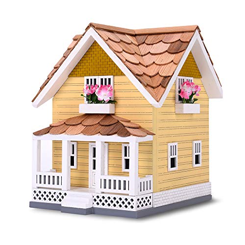 Decorative Wooden Birdhouse for Outdoor Hanging – Handcrafted Miniature Cottage Style with Blue Roof, Front Porch, and Balcony – Garden or Backyard Décor for Wild Birds (Golden Craftsman)