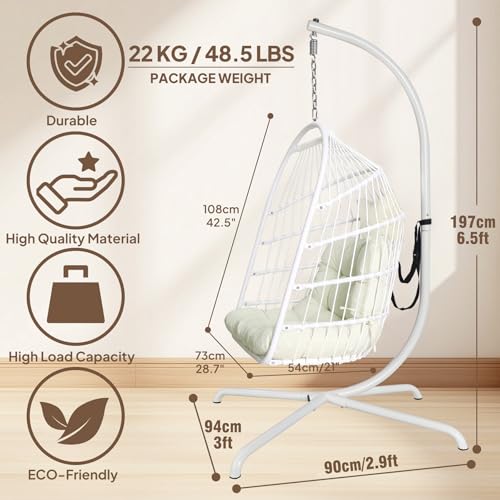 Chihee Egg Chair Foldable Wicker Rattan Hanging Chair Swing Chair Indoor Outdoor Patio Wicker Chair Hammock Chair with Stainless Steel Hanging Kit Chain Link UV Resistant Cushion Bedroom Balcony