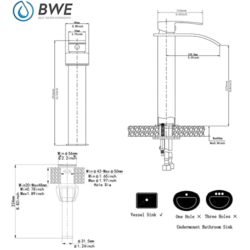 BWE Vessel Sink Faucet Modern Waterfall Chrome Single Hole Bathroom Faucet Single Handle with Pop up Drain Without Overflow Assembly Vanity Basin Bath Sink Faucets Mixer Tap