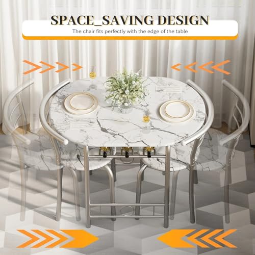 Shahoo 3-Piece Wooden Dining Table Set, Kitchen Breakfast Nook Sets with 2 Chairs & Round Tabletop, Space Saving Furniture Metal Frame and Built-in Wine Rack, Walnut