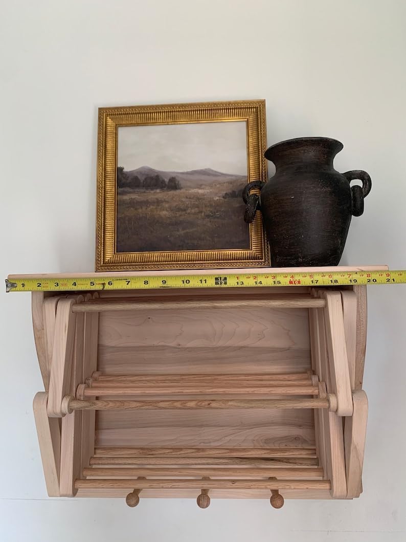 Handmade Wooden Shelf Wall Mounted Clothing Drying Rack COLLAPSABLE with Peg Hooks 21” x 16”