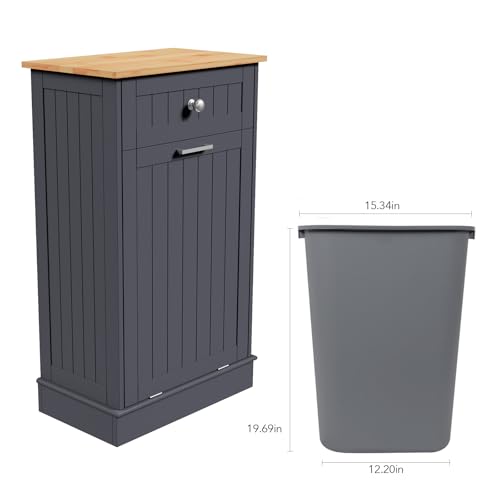 Tilt Out Trash Cabinet Kitchen Trash Can Holder Recycling Cabinet Laundry Hamper with Hideaway Drawer Wooden Bamboo Cutting Board with Added Countertop Space Keep Pets Out (White)