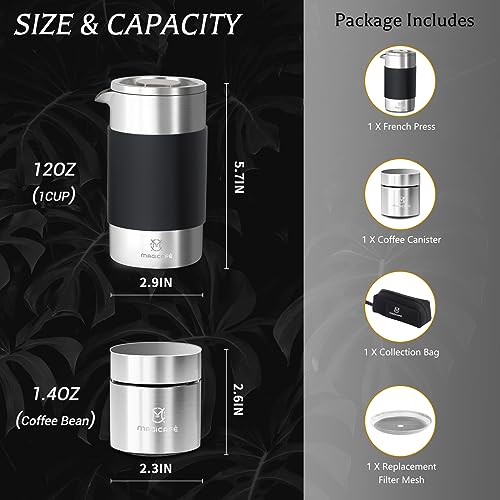 French Press Coffee Maker – Single Serve 1 Cup Small Stainless Steel Thermal Double Walled French Press 350ML/12OZ