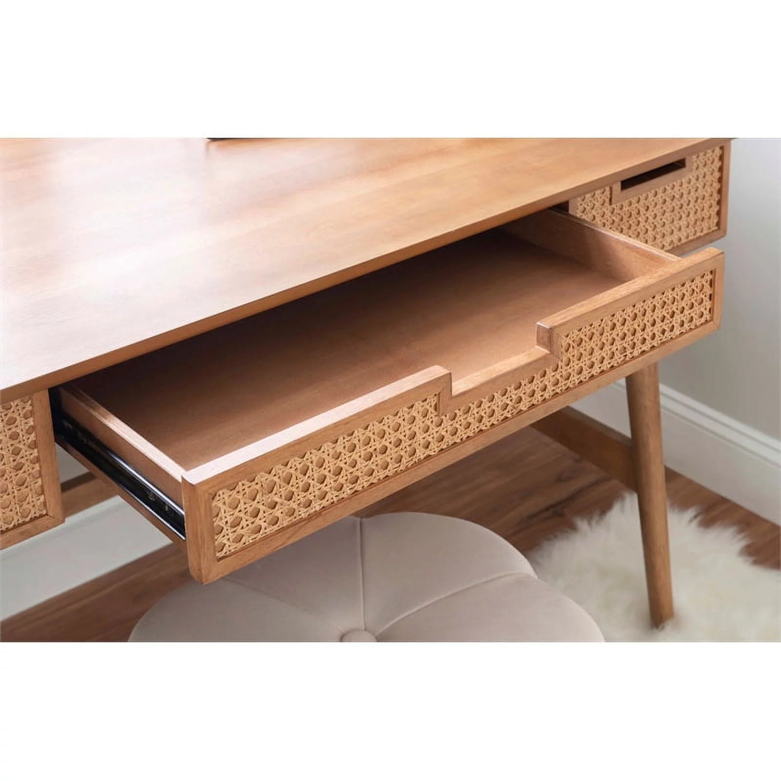 Linon Luca Rattan Wood Desk with Drawers in Natural