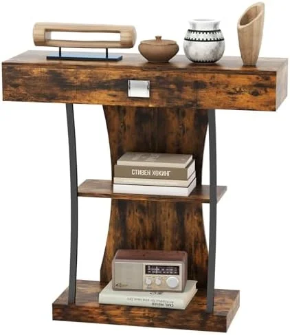 LNboomLife Console Table with  Drawer ; Shelves  3-Tier Narrow Sofa Table  Behind Couch Table  Modern Foyer Table  Small Entryway Table for Living Room  Hallway (Rustic Brown)