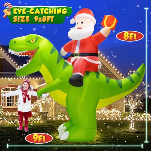 9x8FT Christmas Inflatables Decoration Outdoor Santa Riding Giant Dinosaur Christmas Blow Up Yard Decoration Blowups Dino Built-in LED Lights for Holiday Party Xmas New Year