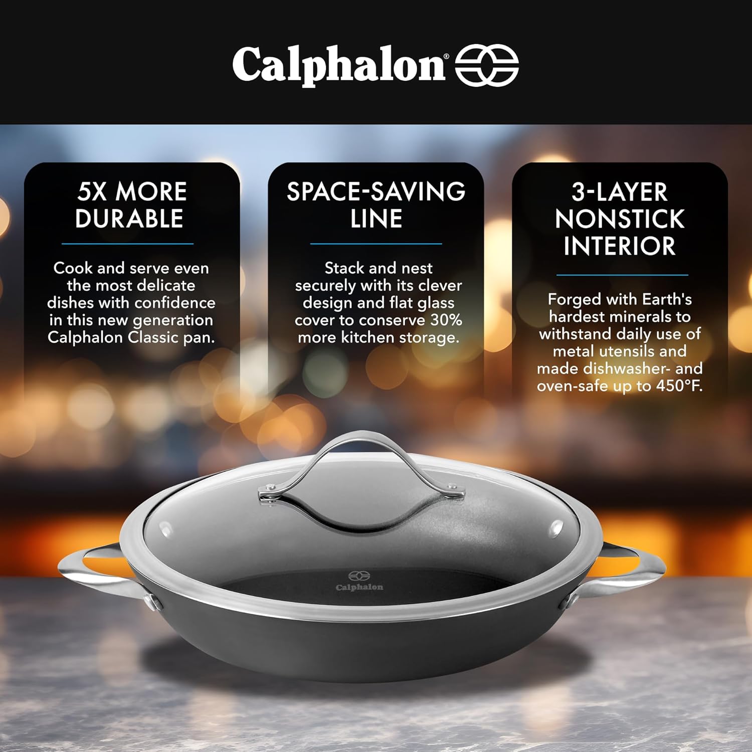Calphalon Premier Space Saving 12 Inch Everyday Pan with Lid, Hard Anodized Nonstick Cookware, MineralShield Technology, Dishwasher and Oven Safe