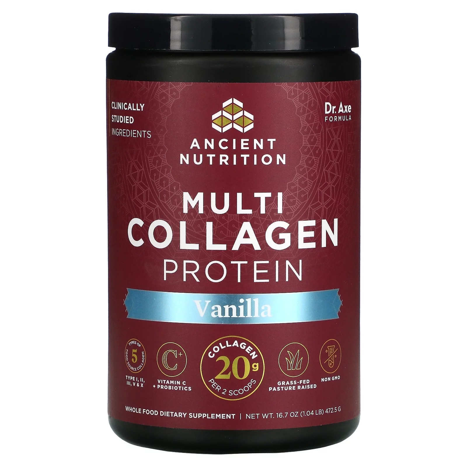 Dr. Axe / Ancient Nutrition, Multi Collagen Protein, Vanilla, 1.04 lb (472.5 g) Pack of 4