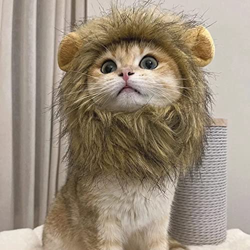 Lion Mane Cat Wig, Hat for Dogs and Cat Small Pet Cat Decor, Wig Fancy Hair Cap, Funny Pet Cat Costumes for Halloween Christmas. (L, Brown)