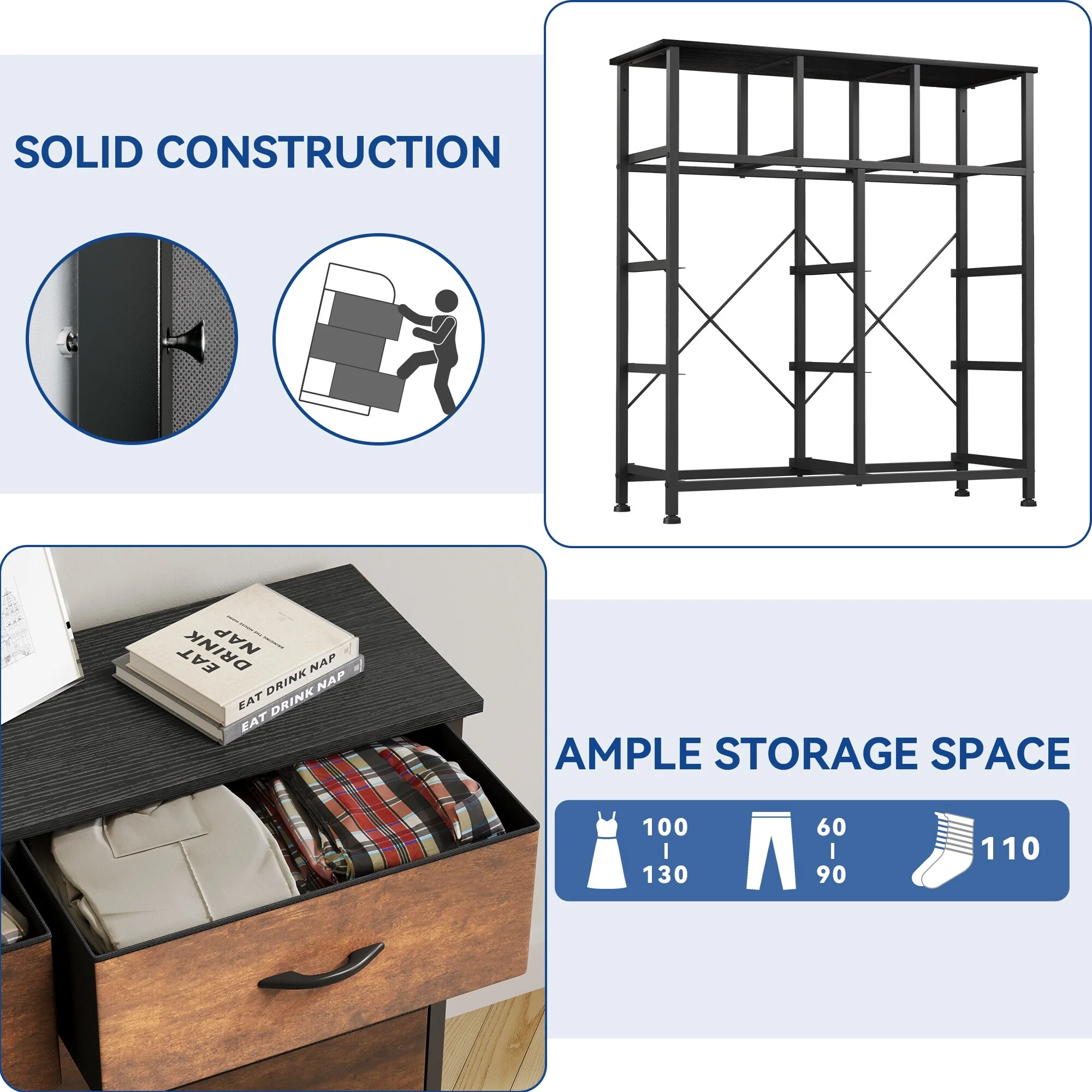 Warranty Company Moasis Rustic Wood-grain Badroom Dresser with Metal Frame, Wooden Top 9-drawer