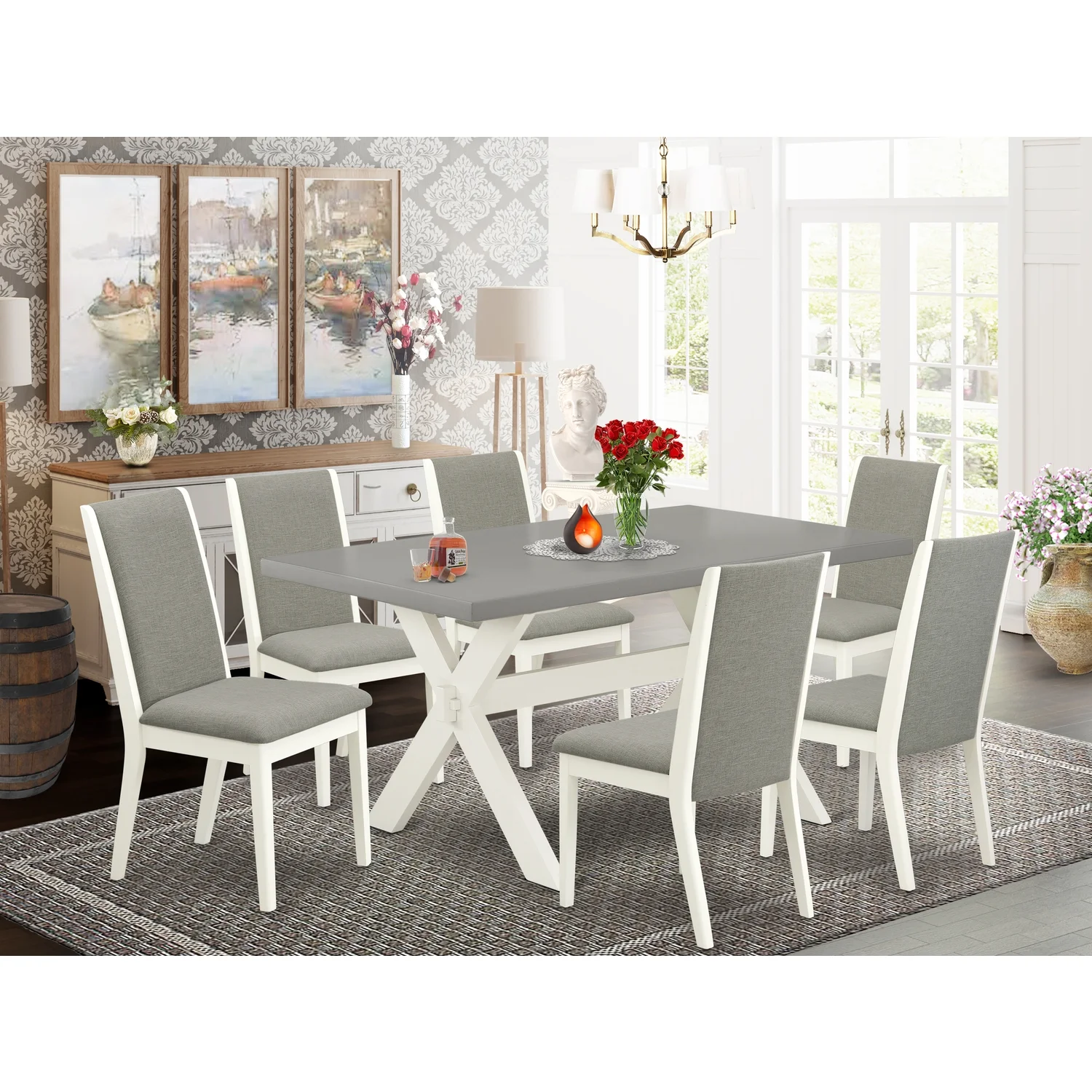 East West Furniture X096LA206-7 7-Piece Modern Dining Room Table Set a Good Cement Color Wood Dining Table Top and 6 Wonderful Linen Fabric Kitchen Chairs with Stylish Chair Back, Linen White Finish