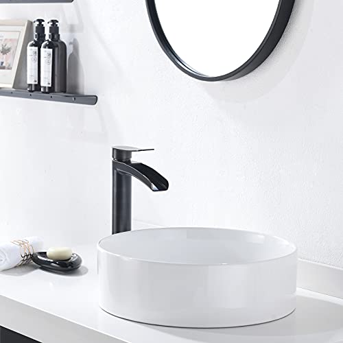 Phiestina Brushed Gold Tall Bathroom Vessel Sink Faucet, Single Hole Single Handle Waterfall Modern Bathroom Faucet, with Pop Up Drain and Water Supply Line, NS-SF01-BG-V