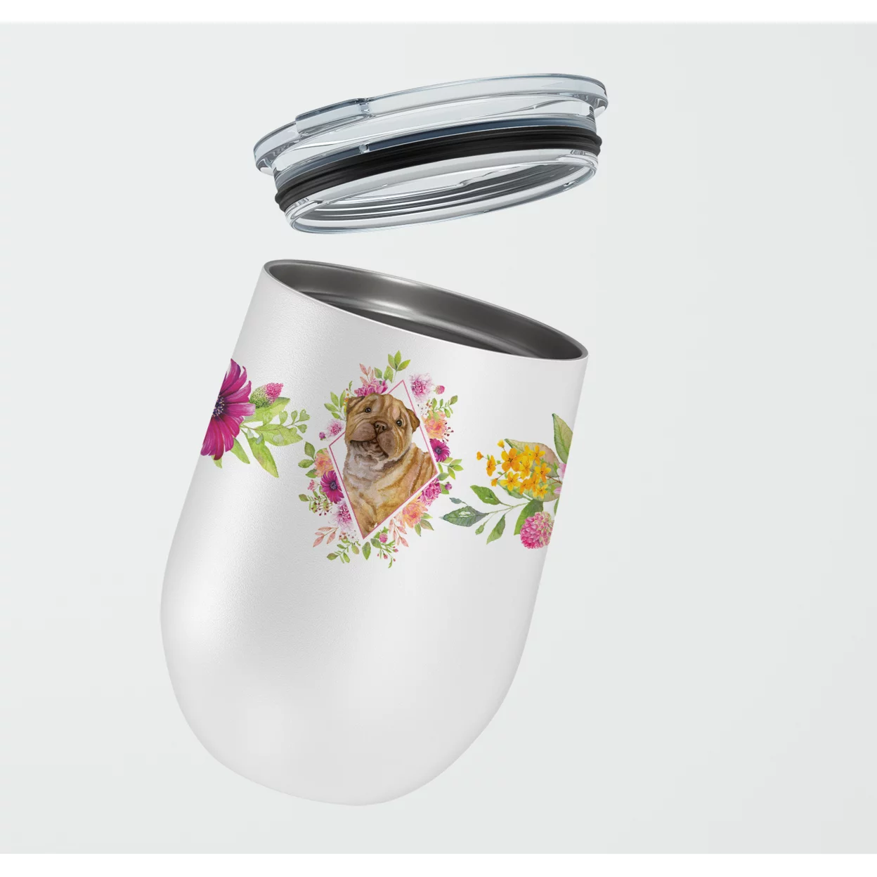 Carolines Treasures CK4181TBL12 Shar Pei Pink Flowers Stainless Steel 12 oz Stemless Wine Glass, 12 oz, multicolor