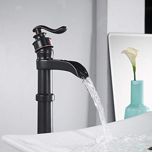 Oil Rubbed Bronze Vessel Sink Faucet Single Hole Faucet Bathroom Waterfall Faucet Farmhouse Single-Handle 1 Hole Deck Mount Bowl Tall Body