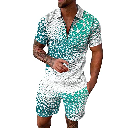 Mens Printed Outfits Zipper Short Sleeve Lapel Shirts Short 2 Piece Outfits Sets For Men Summer Beach Outfits Suits