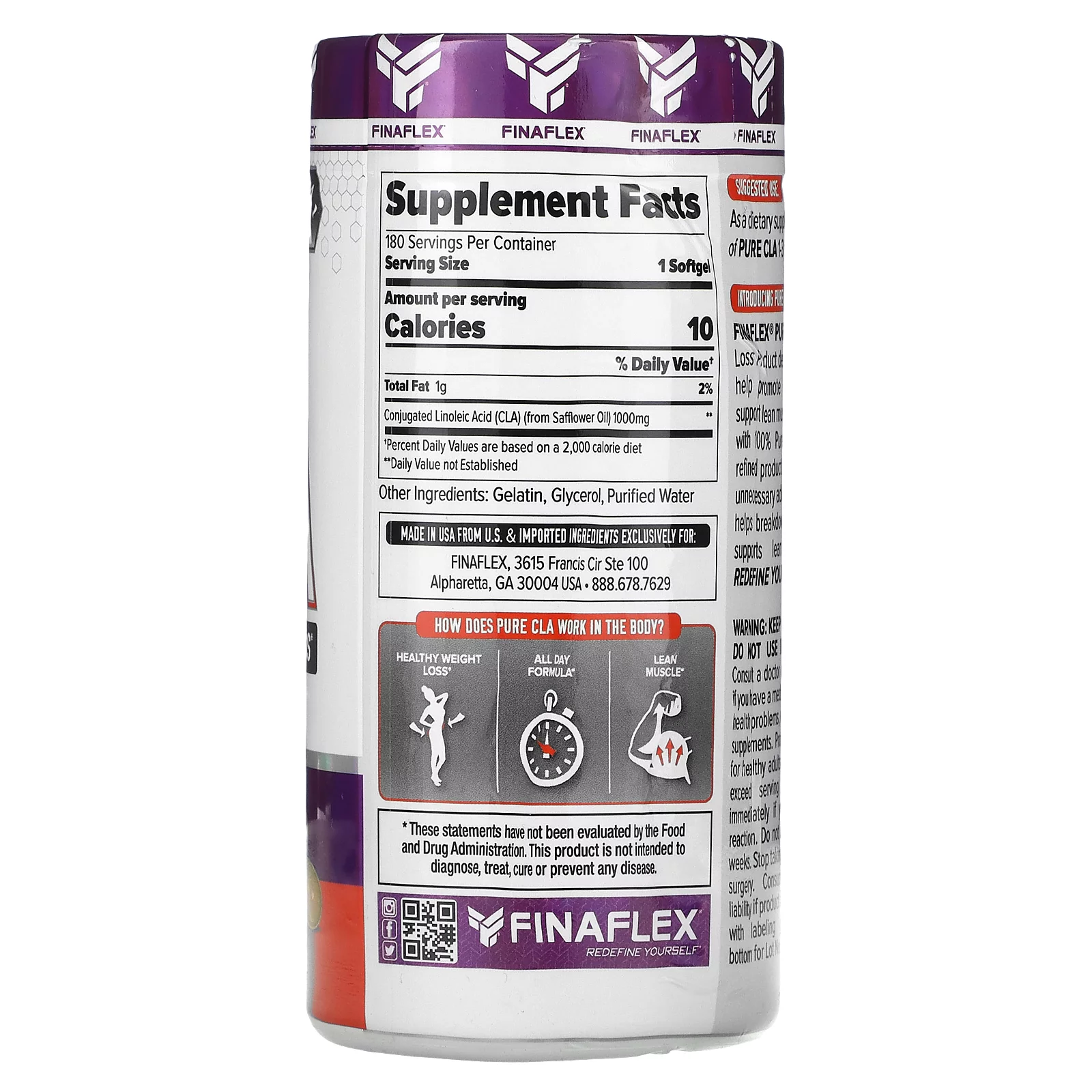 Pure CLA, 1000mg Softgels, Pure Conjugated Linoleic Acid, Promotes Weight Loss and Preserves Lean Muscle, Non-Stimulant Fat Burner (180 SOFTGEL)