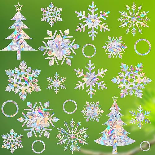 Snowflake Window Decals - Anti-Collision Clings to Save Birds, Non-Adhesive Prismatic Window Clings, Rainbow Stickers, Christmas Snowflake and Tree Circle (20 pcs)