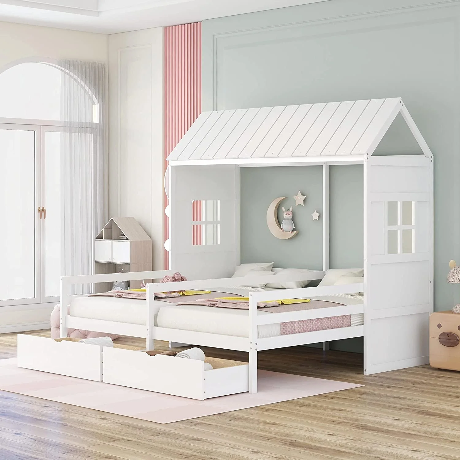 House Double Bed Frames Wih Sorage For Kids, 2 Solid Wood Plaform Beds, Monessori Bed Wih Rails And Roof, Whie