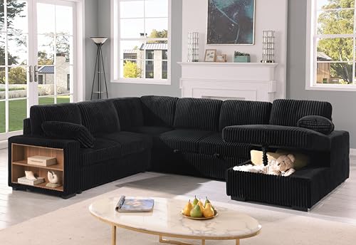 Eafurn 6 Seater Oversized U Shaped Sleeper Sectional Sofa Pull Out Couch Bed, Comfy Corduroy Upholstered Convertible Pullout Lounge Sofa Sofabed w/Storage Chaise, Shelves for Living Room Apartment