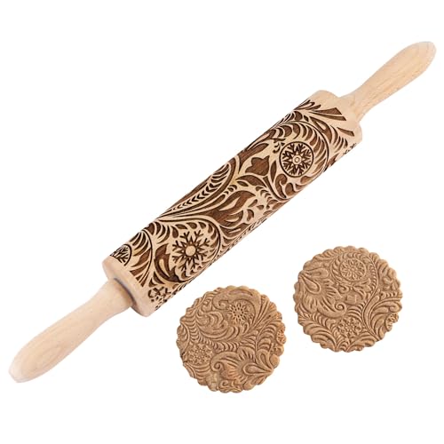 Embossed Wooden Rolling Pin for Baking,Evermarket Deep Engraved Embossing Rolling Pin with Christmas Snowflake Flower Design for Baking Embossed Cookies,Cute Kitchen Decor DIY Tool for Adults