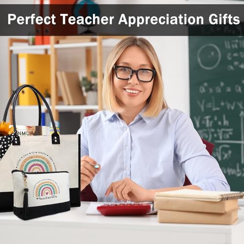 BeeGreen Mother's Day Gifts Personalized Women's Large White and Black Canvas Tote Bag, Embroidered Initials, Leather Handle, Zipper Closure