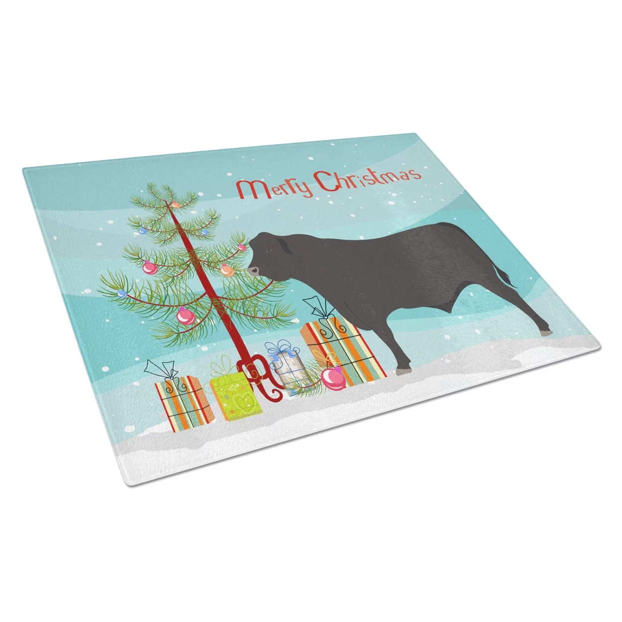 Caroline's Treasures Black Angus Cow Christmas Glass Cutting Board Large