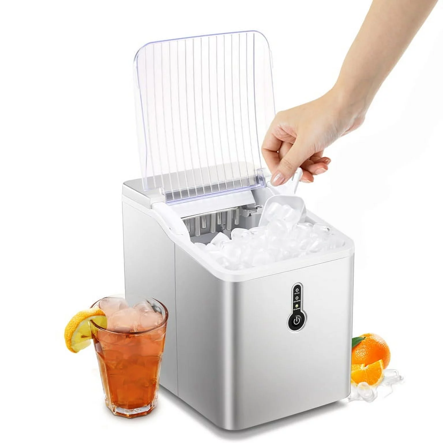 LHRIVER Portable Compact Ice Maker, Countertop Ice Maker Machine with Basket & Ice Scoop, Bullet Ice Cubes, Self-Cleaning, 9Pcs/8Min, 26Lbs/24H, Suitable for Home/Office/Bar/Party-Silver