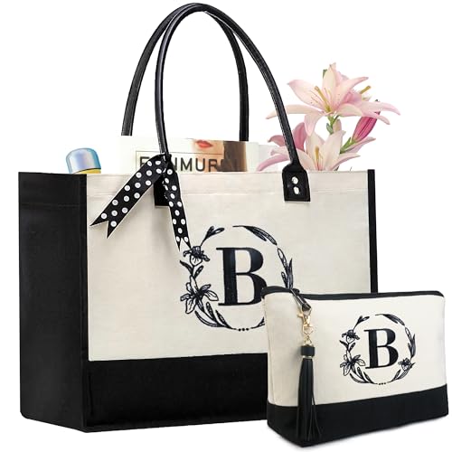 BeeGreen Mother's Day Gifts Personalized Women's Large White and Black Canvas Tote Bag, Embroidered Initials, Leather Handle, Zipper Closure