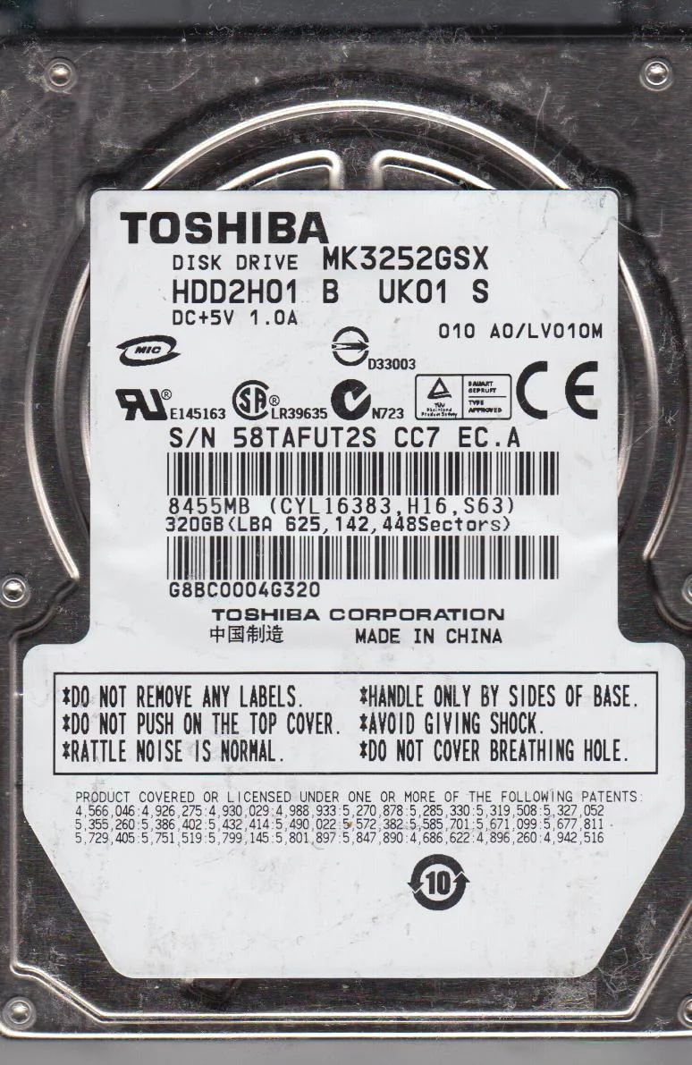 MK3252GSX, A0/LV010M, HDD2H01 B UK01 S, Toshiba 320GB SATA 2.5 Hard Drive