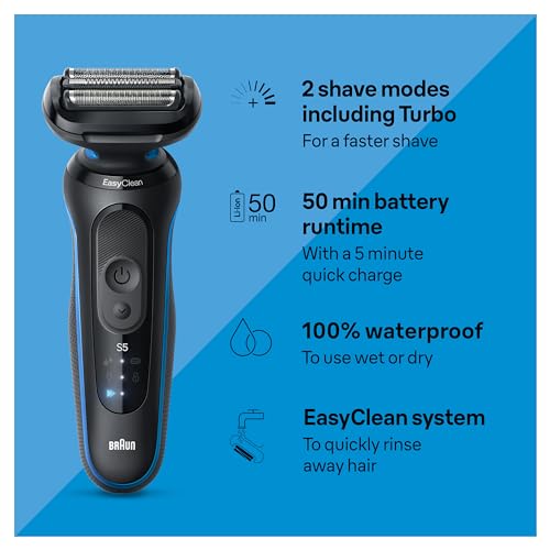 Braun Series 5 5020 Electric Razor for Men Foil Shaver with Beard Trimmer, Rechargeable, Wet & Dry with EasyClean, Black, 5 Piece Set