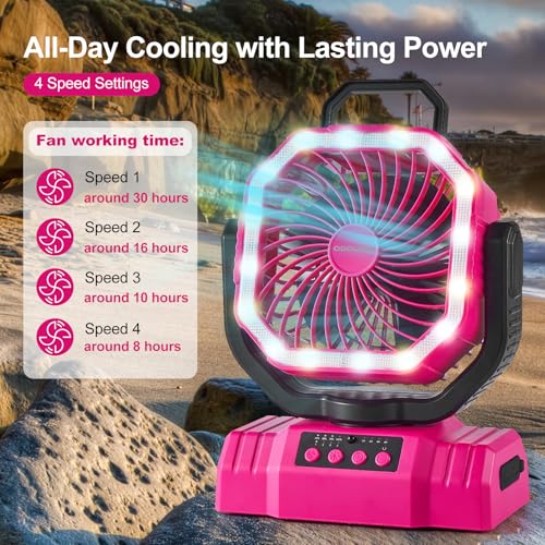 Odoland Portable Camping Fan with LED Lantern, 20000mAh Rechargeable Battery Powered Fan with Auto Oscillation, Timer, Remote, 360° Rotation Hook, 4 Speeds Tent Fan for Power Outage Travel Home, Black