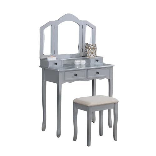 Roundhill Furniture Sanlo Wooden Vanity | Make Up Table and Stool Set | White