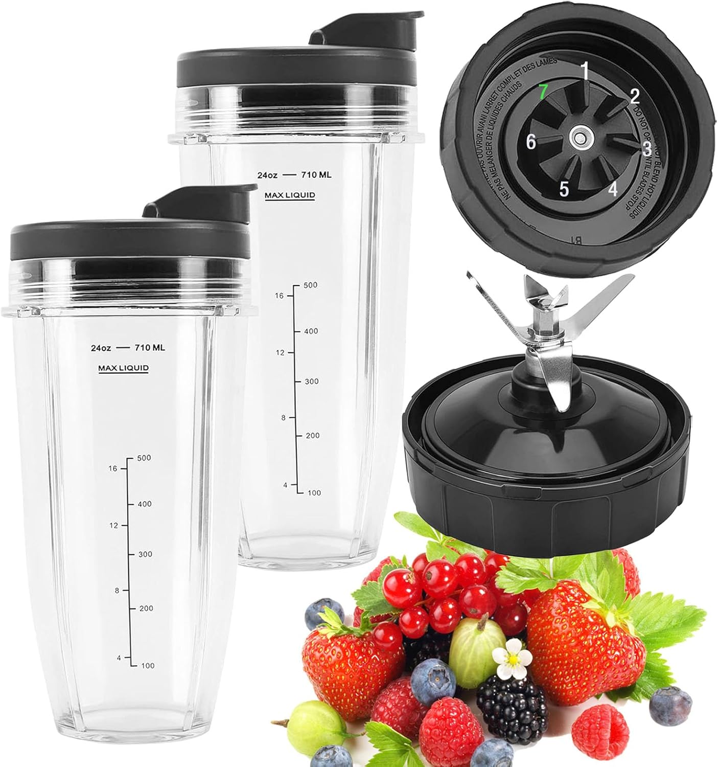 Ninja Blender Replacement Parts, 2 Pack 24oz Ninja Blender Cups with To-Go Lids, 7 Fins Ninja Blender Blade for Ninja BL450_30 BL480_30 BL640-30 BL642-30 BN401 BN751 BN801 NN100-30 NN102 BL2012