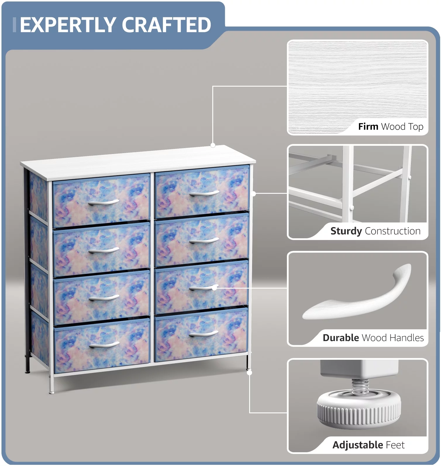 Sorbus Dresser with 8 Drawers - Furniture Storage Chest Tower Unit for Bedroom, Hallway, Closet, Office Organization - Steel Frame, Wood Top, Easy Pull Fabric Bins (8-Drawer, Blue)