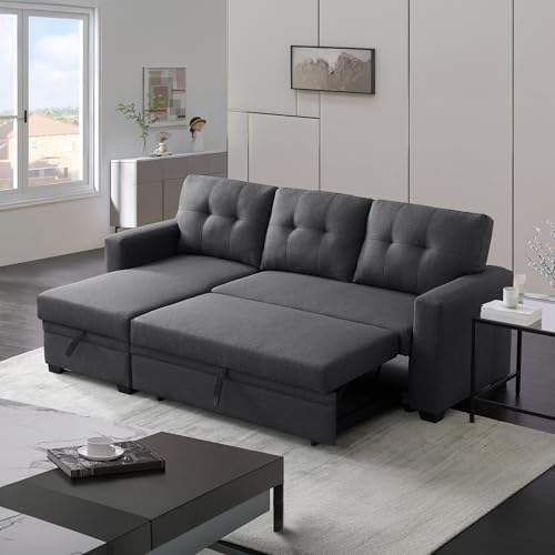 L Shaped Convertible Sleeper Sectional Sofa with Storage Chaise and Pull-Out Bed, Linen Upholstered Reversible Corner Couch w/Detachable Backrest for Living Room, Apartment, 3 Seater Home Furniture