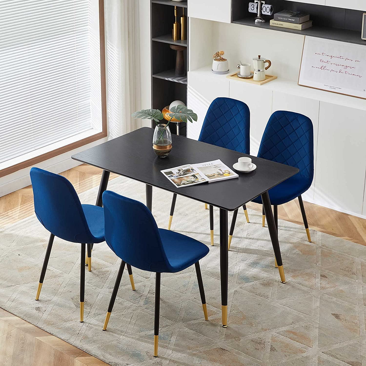 NORDICANA Dining Table Set for 4,Classic Faux Wood Rectangular Dining Table with 4 Upholstered Velvet Dining Chair Space Saving for Apartment