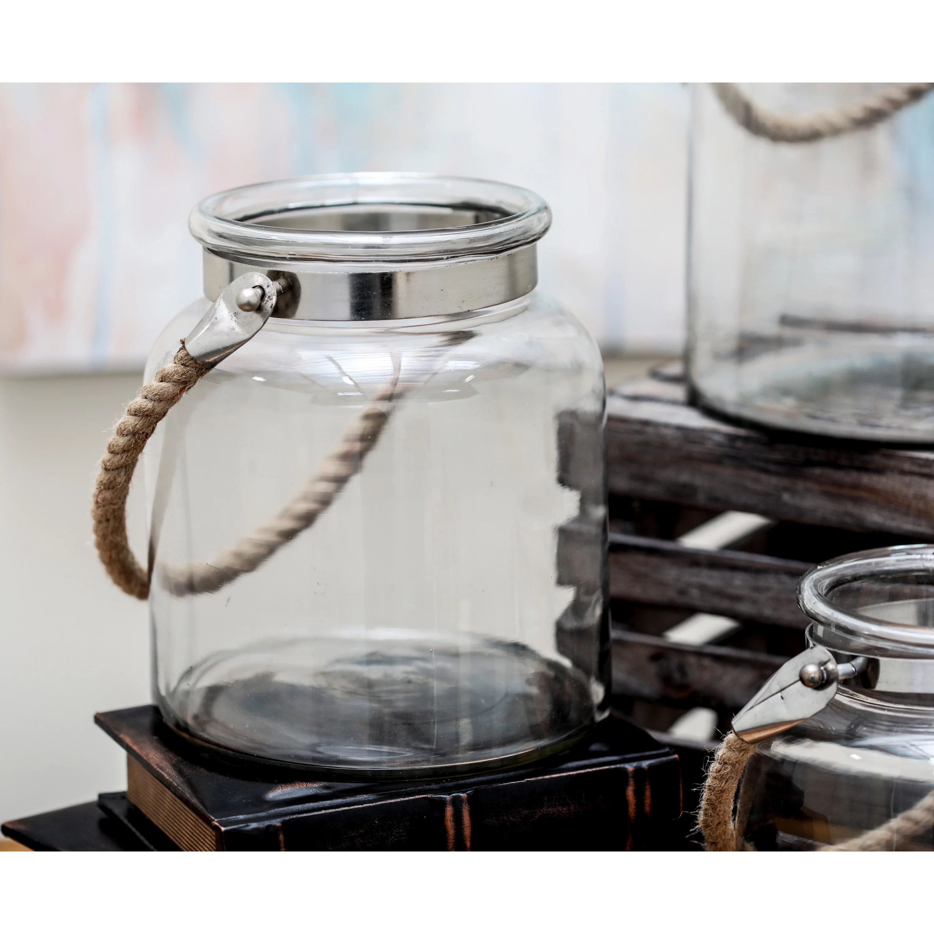 DecMode Clear Glass Handmade Decorative Candle Lantern with Rope Handle