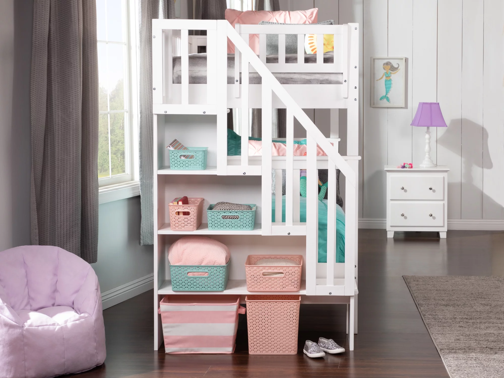 AFI Woodland Twin Over Twin Solid Wood Staircase Bunk Bed in White